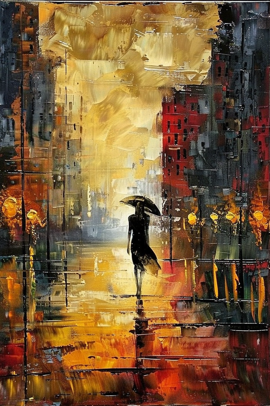 Abstract painting of a silhouette with an umbrella walking down a colorful, rainy street with blurred buildings and streetlights.