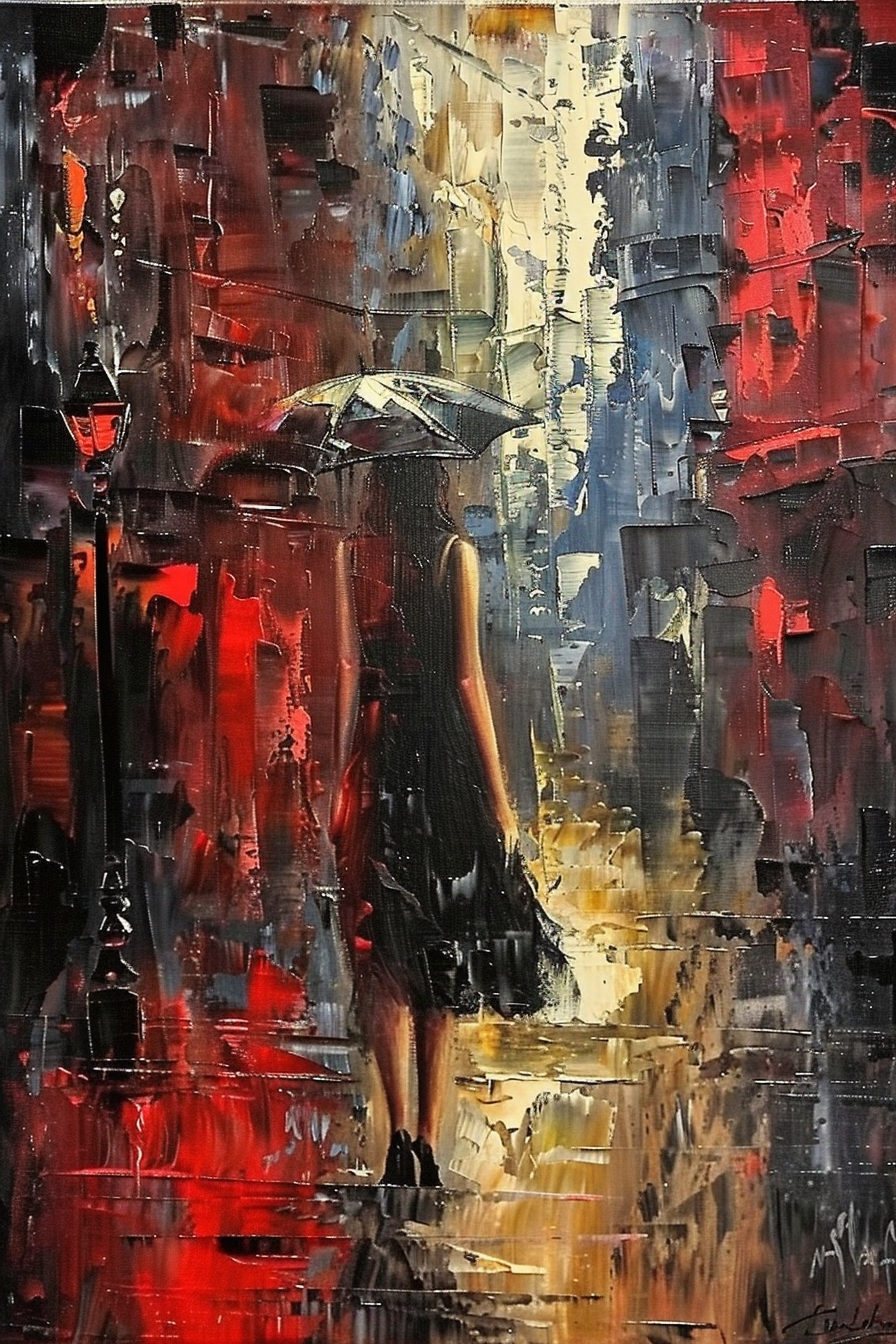 ALT: A textured oil painting depicting a figure with an umbrella walking through a colorful, abstract, rain-slicked city street.
