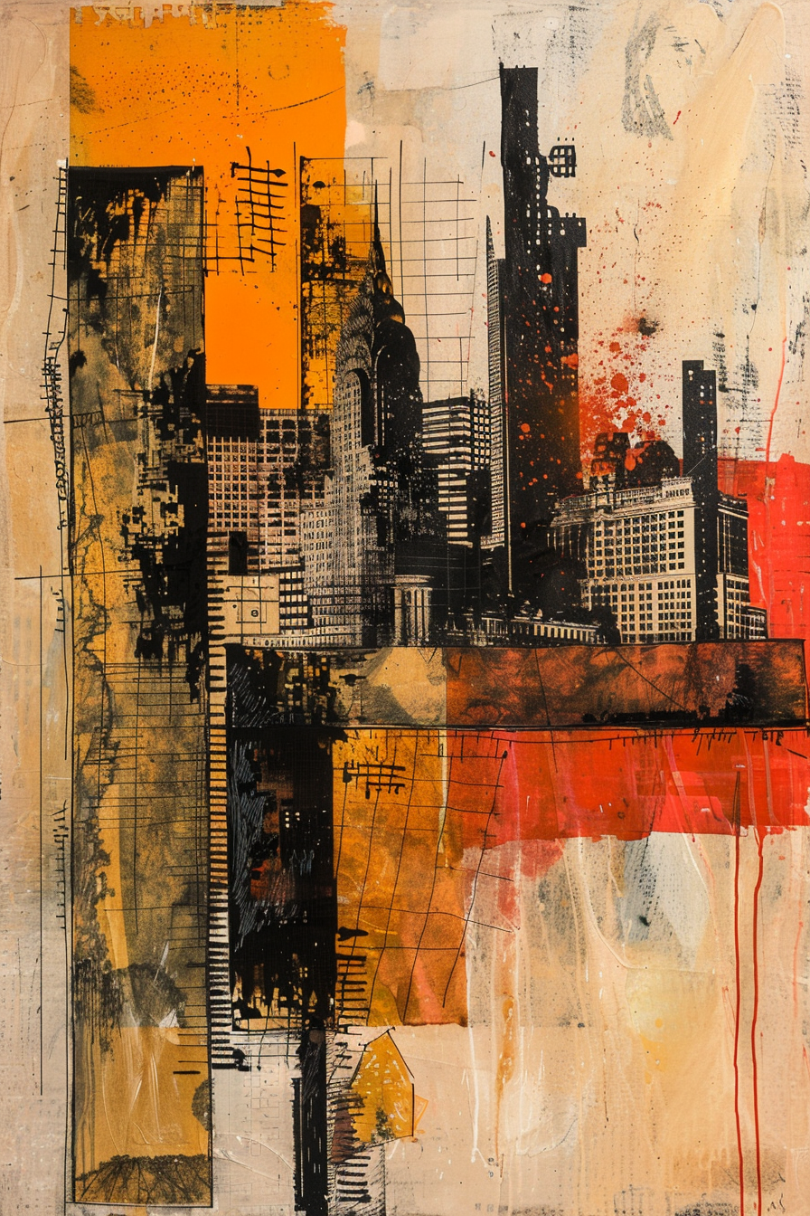 Abstract cityscape painting with a mix of orange, black, and red splashes on a textured background.