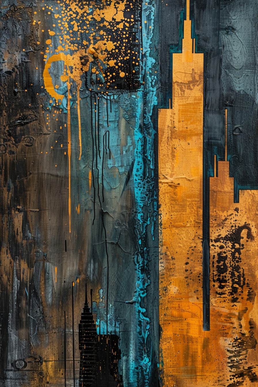 Abstract painting with textured layers in black, blue, and orange, featuring drip and splatter effects, suggesting an urban skyline.