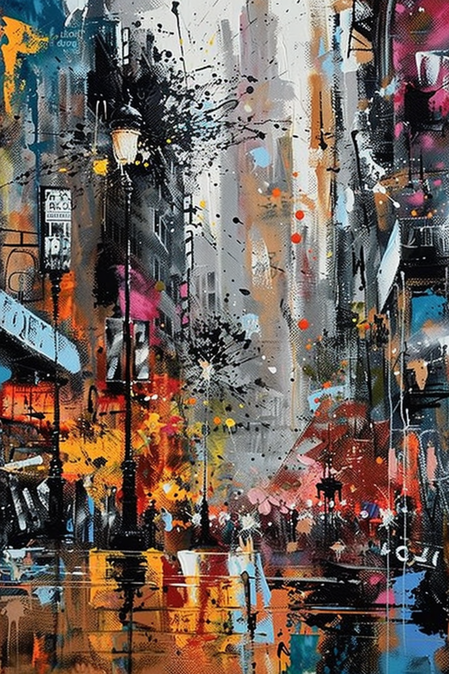 Abstract, colorful cityscape painting with expressive splashes and street elements.