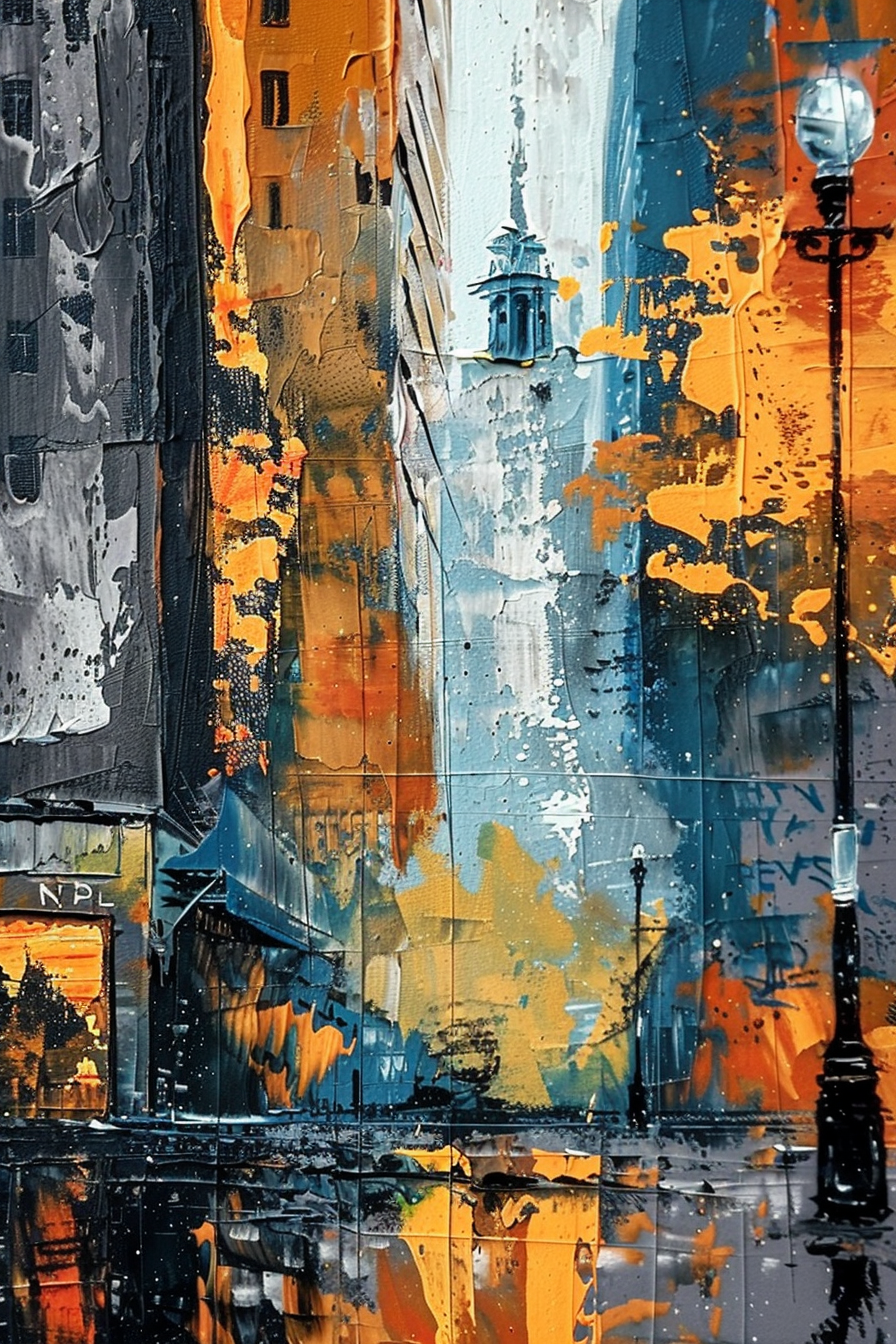 Abstract cityscape painting with vivid orange, blue, and gray tones and a reflection giving the impression of a wet street.