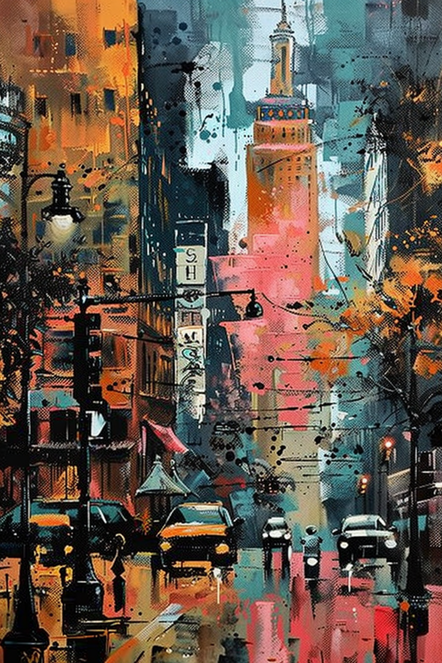 Colorful abstract painting of a bustling city street with buildings, cars, and a lamppost.