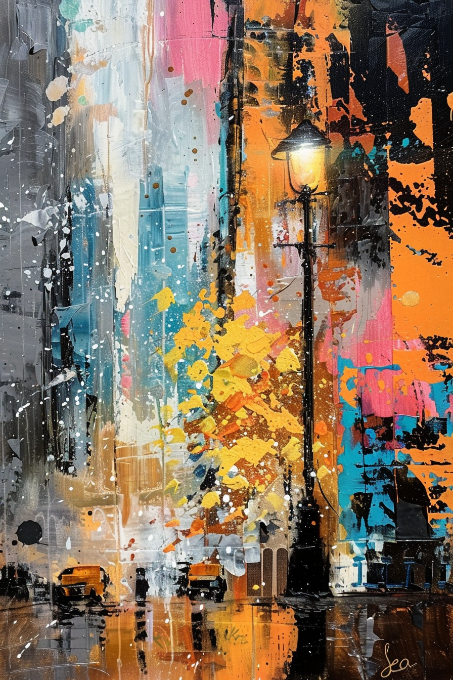 Abstract vibrant cityscape painting with expressive splashes of paint and a central street lamp, possibly rainy reflection at the bottom.
