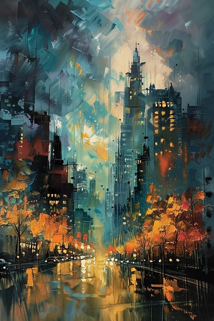Abstract painting of a cityscape at night with vibrant autumn trees and reflections on wet streets.