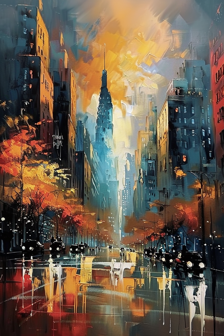 Abstract colorful painting of an urban street scene with skyscrapers, wet surfaces reflecting city lights, and vibrant brush strokes.