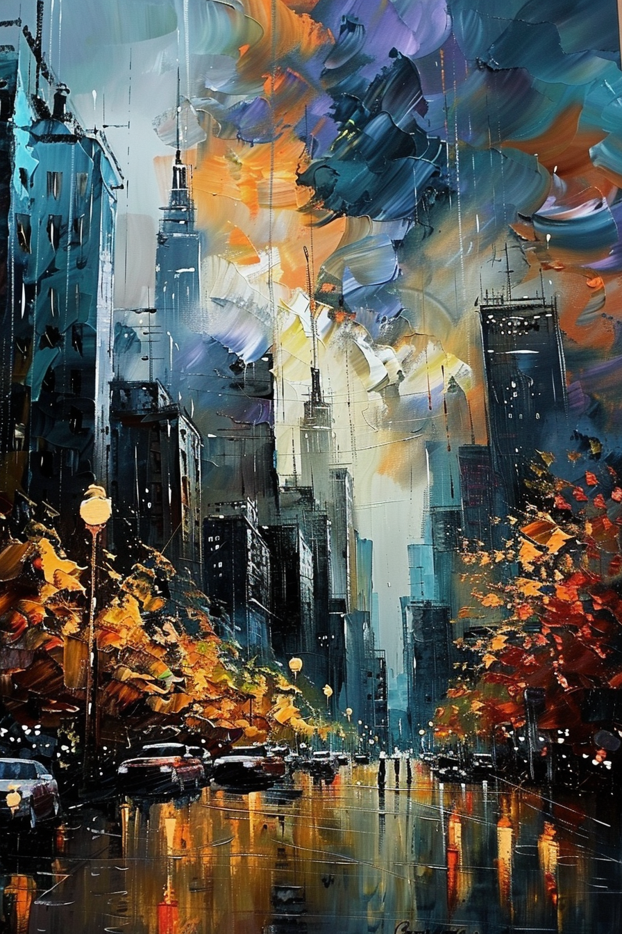 ALT text: Colorful expressionist painting of a wet city street lined with autumn trees and streetlights, reflecting a vibrant sky among skyscrapers.