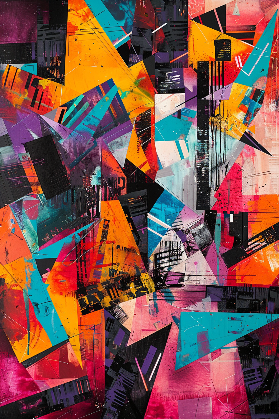 Abstract colorful painting with geometric shapes and urban motifs, in a vibrant mix of orange, pink, blue, and black.
