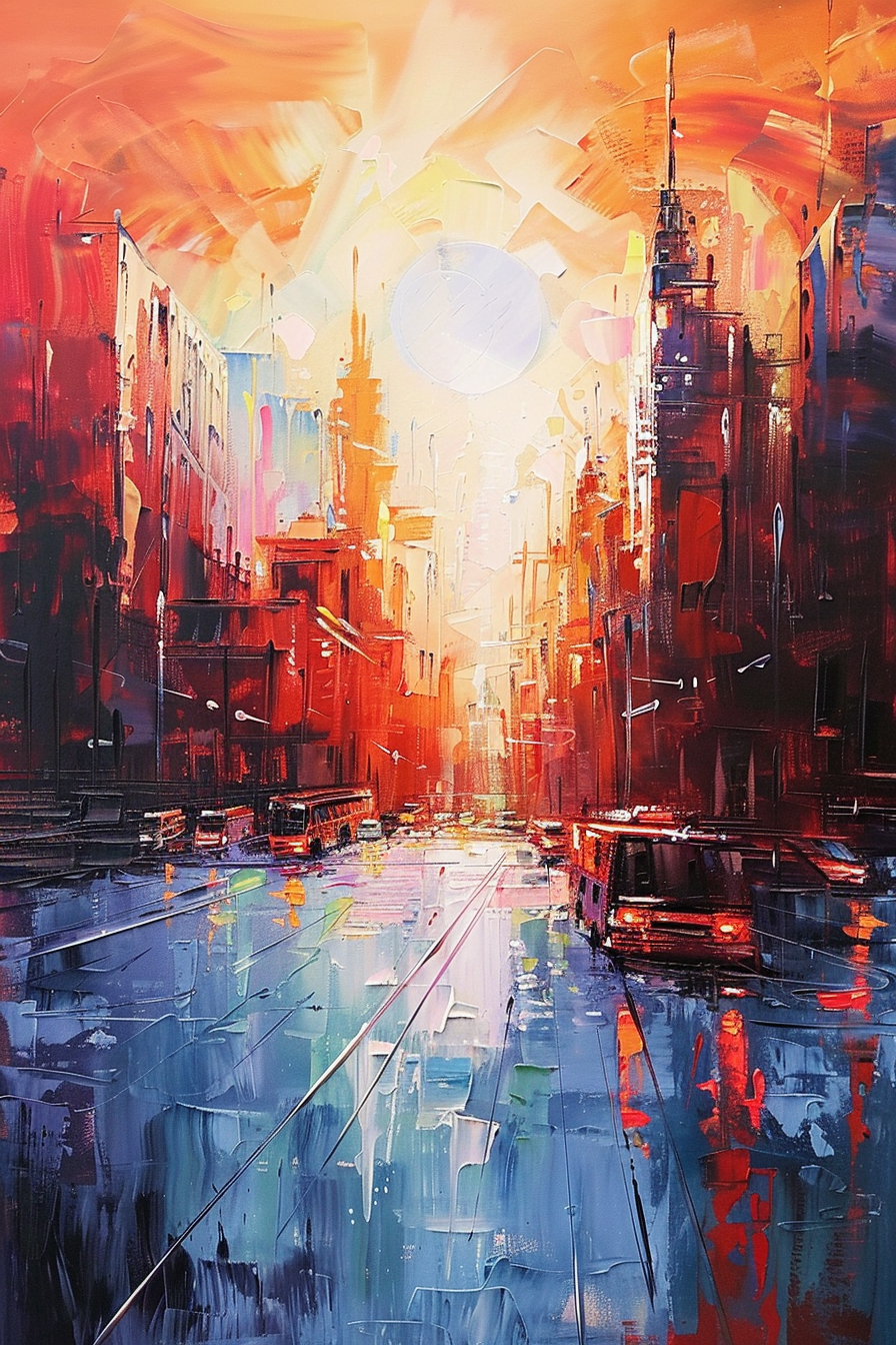Colorful abstract painting of an urban cityscape with vivid reds and blues, reflecting a setting or rising sun over wet streets.