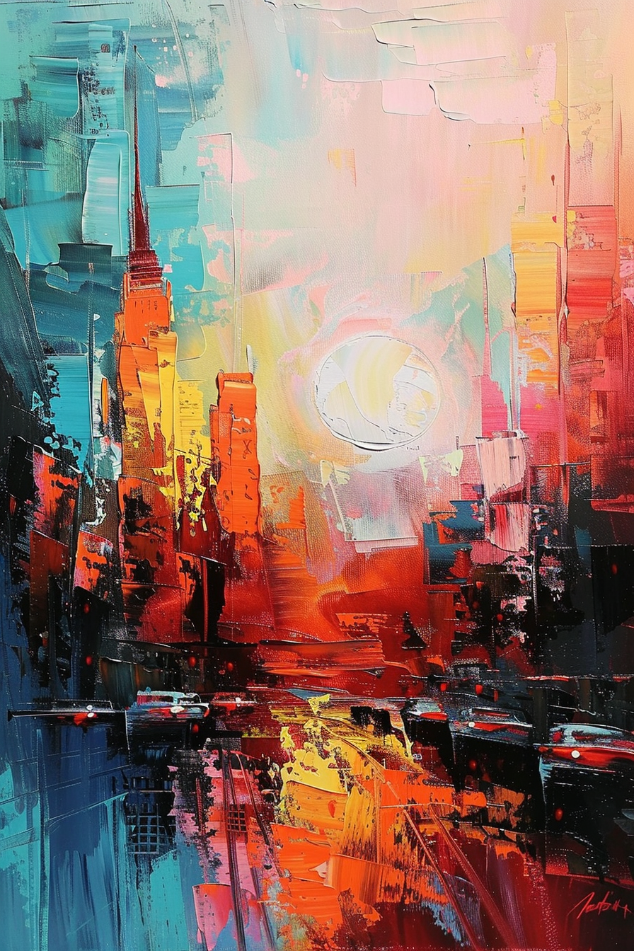 Abstract expressionist painting depicting a colorful cityscape with a bright sun, using bold brush strokes and vibrant hues.