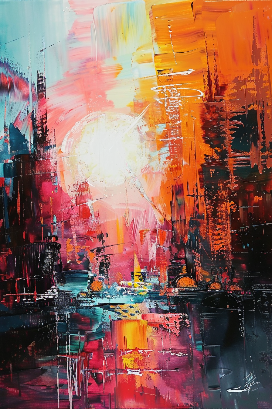 Abstract painting with vibrant splashes of red, orange, pink, and blue, suggesting an energetic cityscape at dusk.