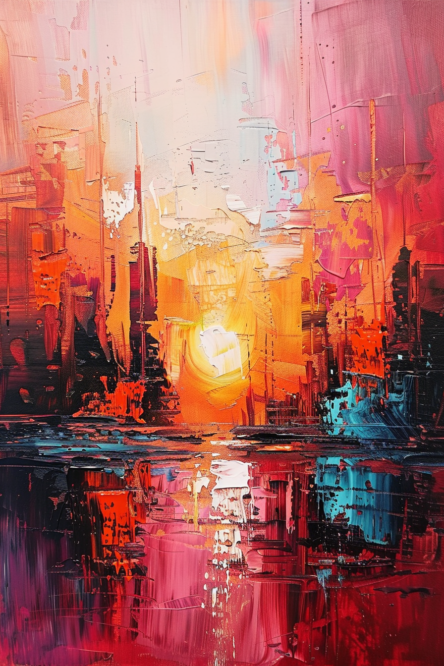 Abstract cityscape painting with vivid reds, oranges, and blues depicting a sunset with reflections on water.