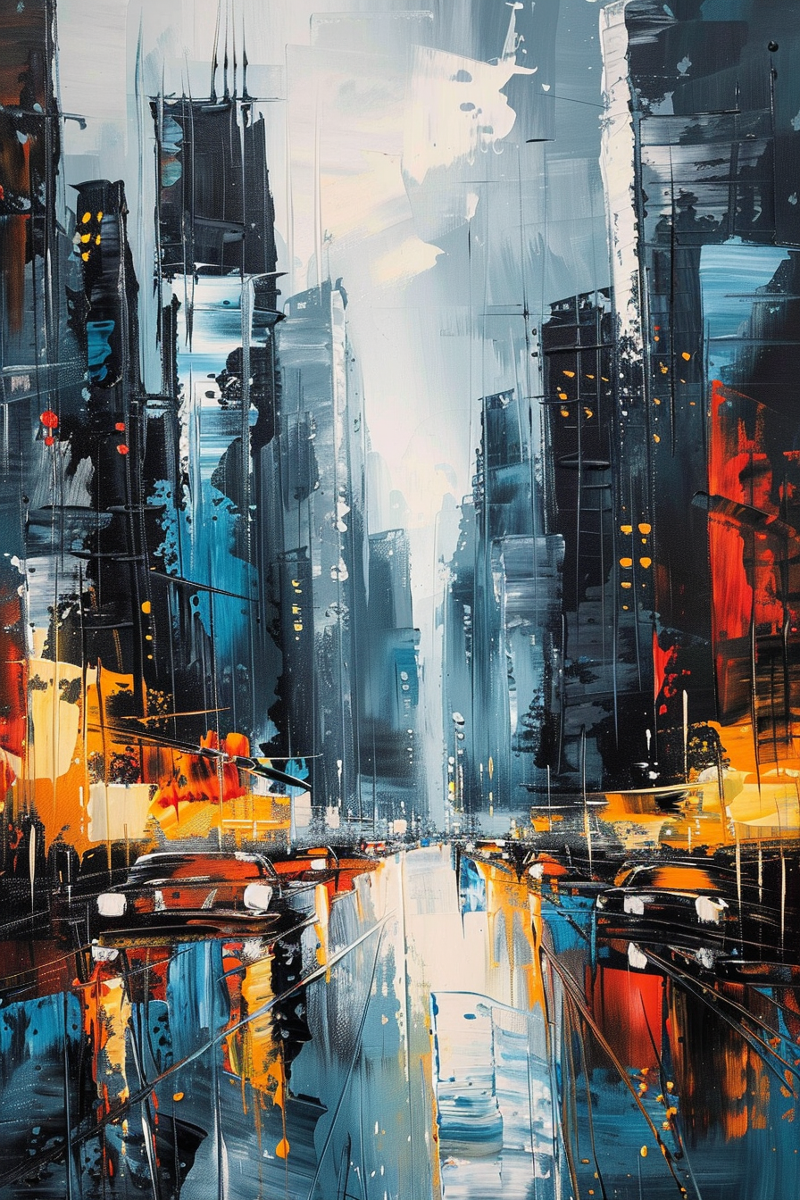 Abstract cityscape painting with vibrant splashes of color reflecting an urban street scene at night.