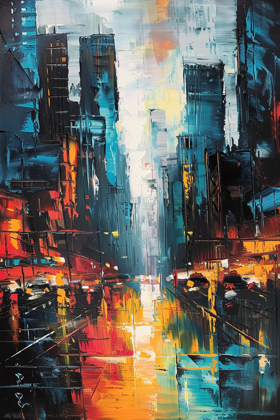 Abstract cityscape painting with a vibrant mixture of blue, red, and yellow hues, reflecting an urban street in rain.