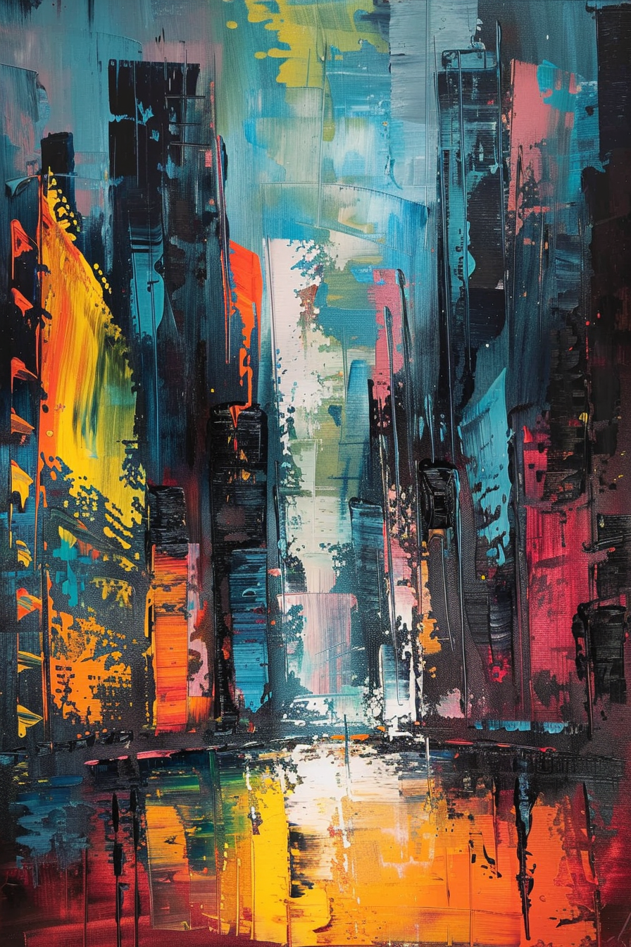 Abstract colorful cityscape painting with vivid strokes in blue, red, yellow, and black, reflecting on a surface.