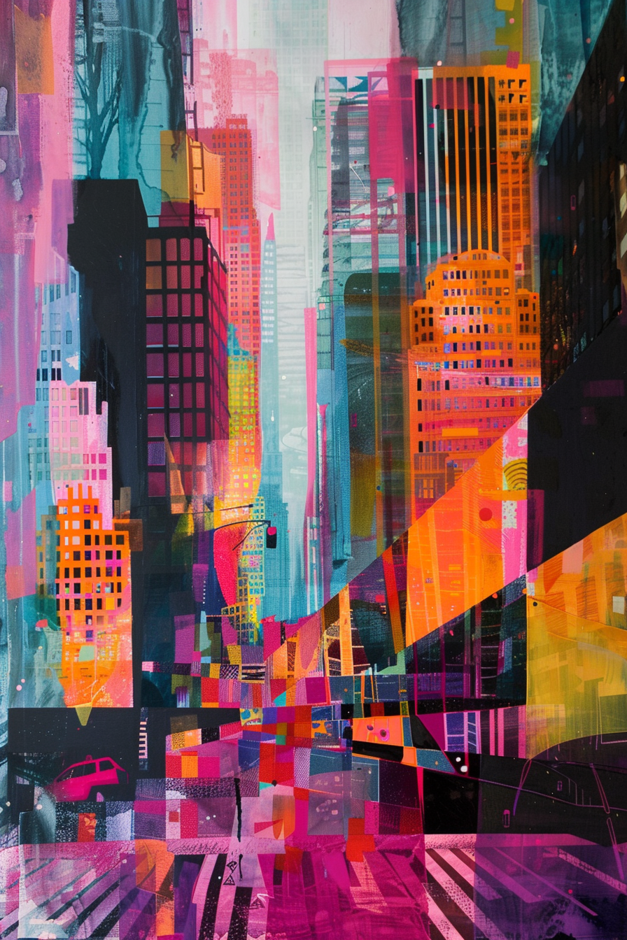 Abstract, colorful painting depicting a vibrant cityscape with stylized buildings in pink, orange, and blue hues.