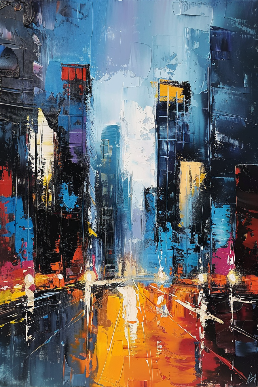 Abstract cityscape painting with vibrant colors and heavy impasto technique depicting a rainy urban street scene.