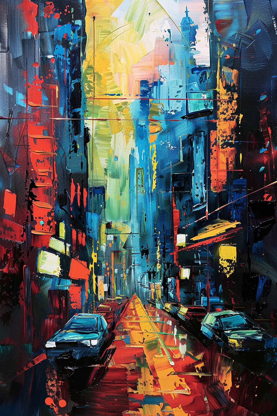 "Vibrant abstract cityscape painting with vivid colors depicting a rainy street scene with blurred reflections and cars."