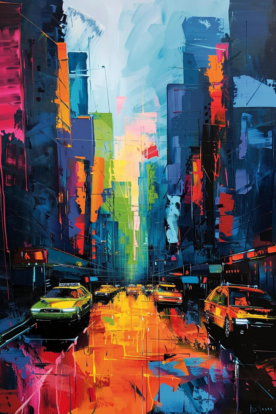Colorful abstract cityscape painting with vibrant hues depicting reflective wet streets and taxis under a dynamic sky.