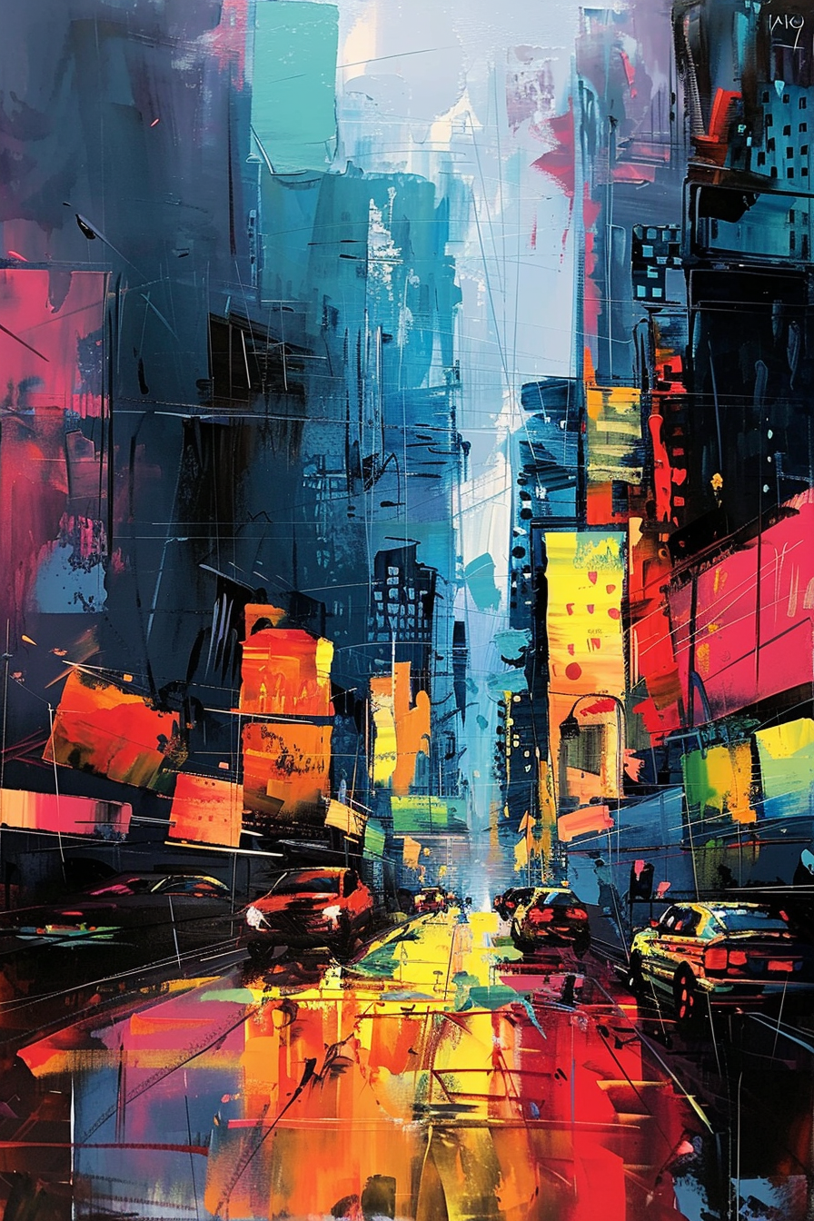 ALT: An abstract vibrant cityscape painting with bold brush strokes depicting skyscrapers, cars, and reflective wet streets.