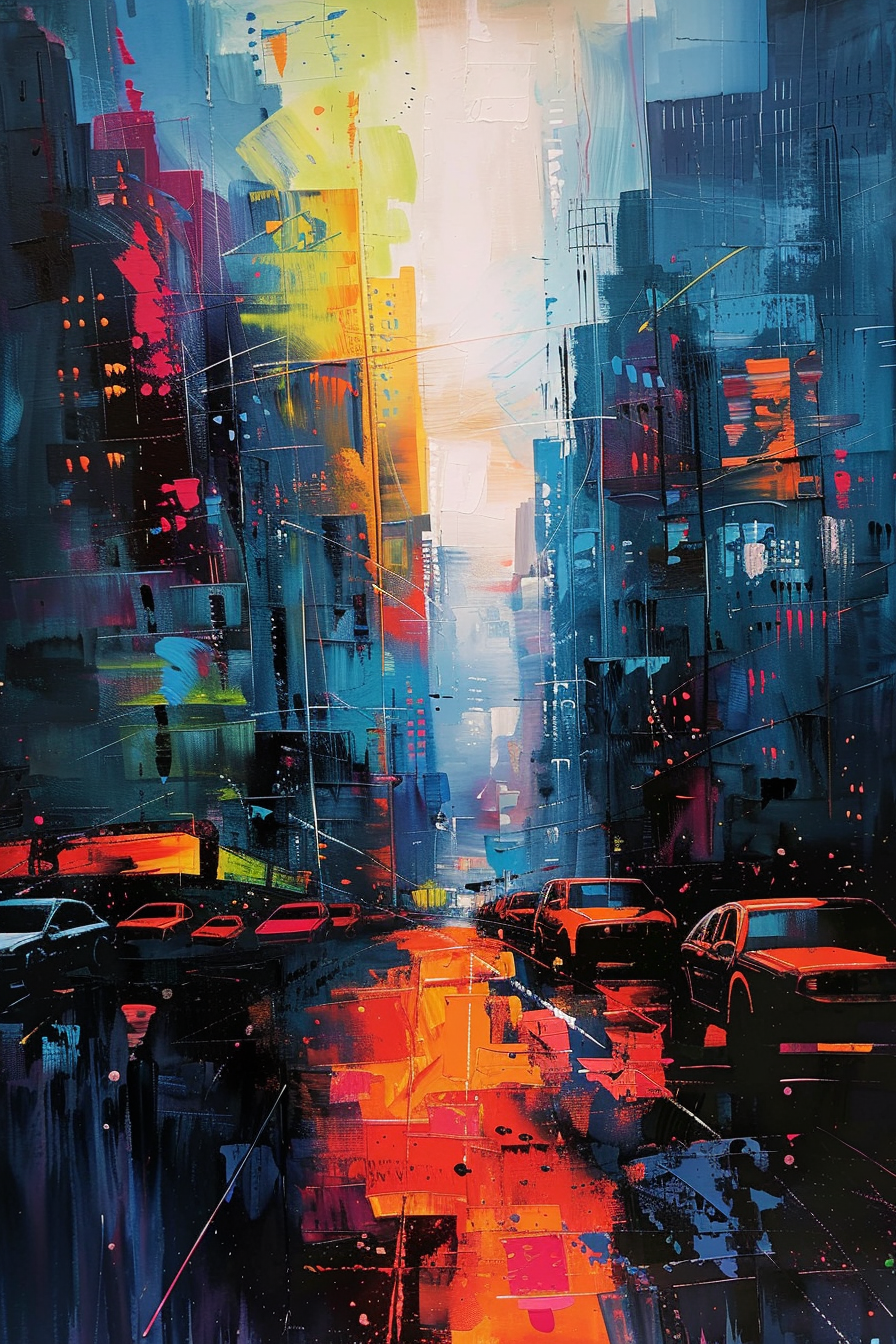 Abstract, colorful cityscape painting with vivid streaks representing rain on a busy street, highlighted by reflections and bright lights.