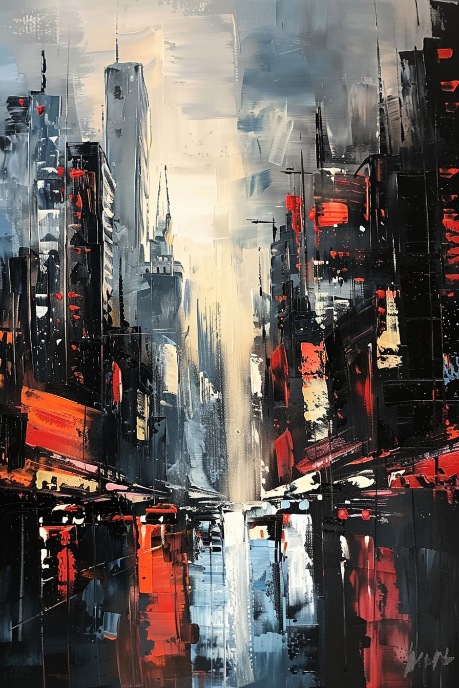 Abstract cityscape painting with bold red and blue strokes depicting a wet street reflecting urban buildings.