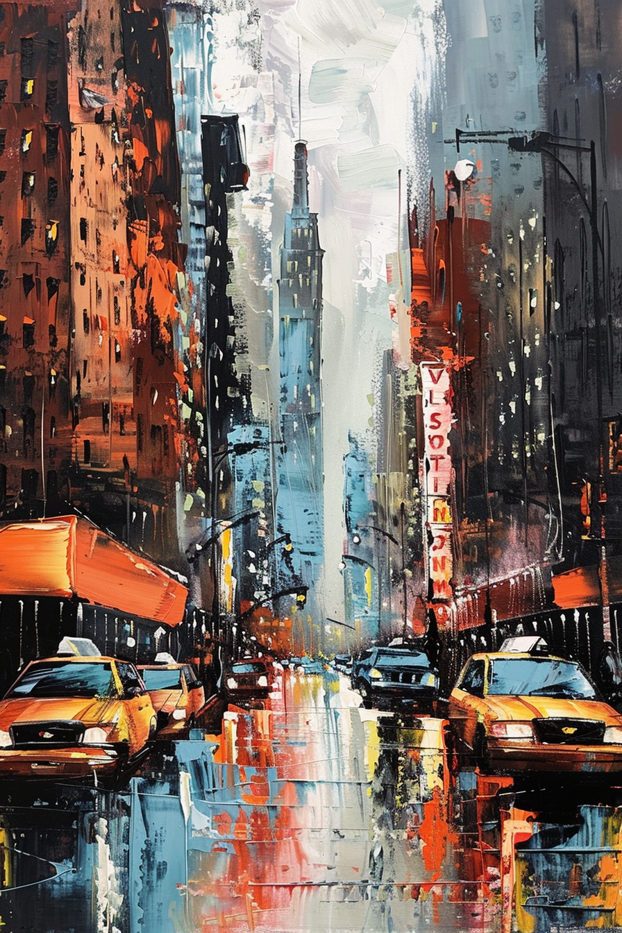 Expressive cityscape painting depicting a rainy street with reflective surfaces, colorful buildings, and vibrant city life.