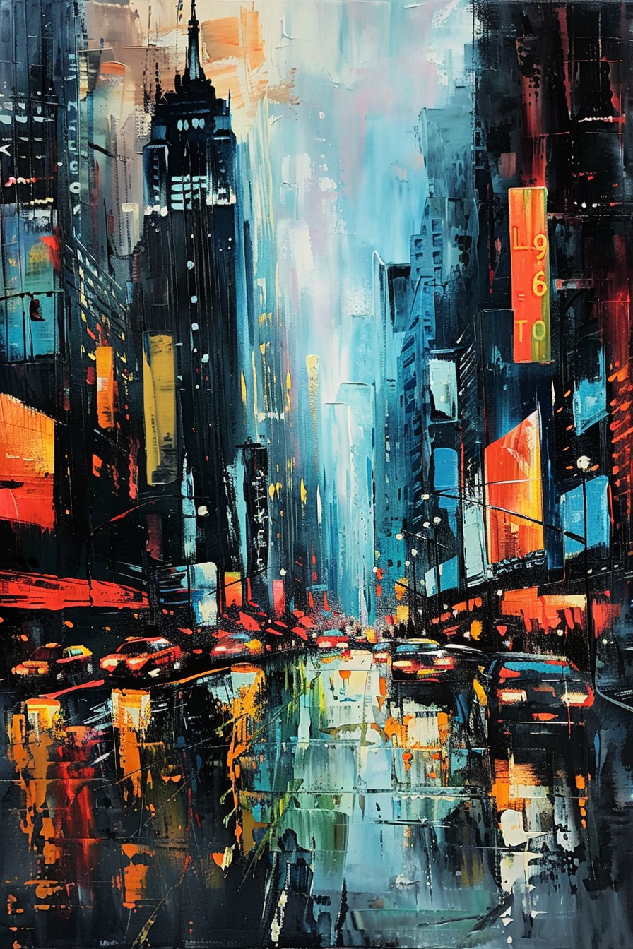 Colorful abstract cityscape painting depicting a busy street with vibrant streaks of blues, reds, and yellows reflecting on wet pavement.
