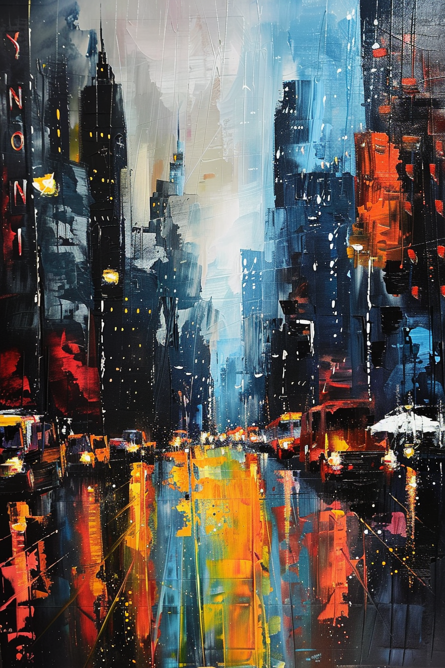 Abstract cityscape painting in vibrant blues and reds reflecting wet urban streets at night with illuminated buildings and cars.