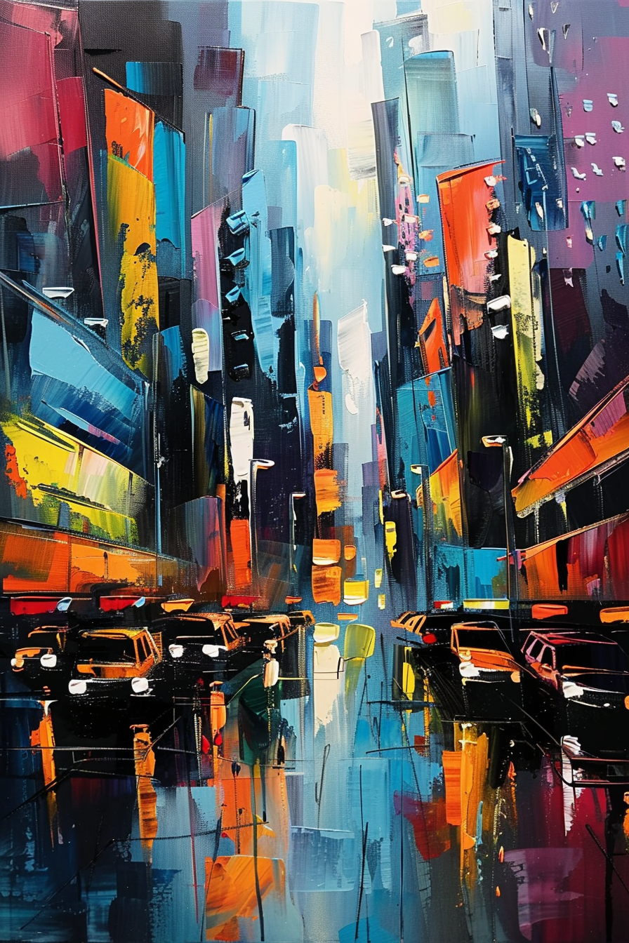 Abstract colorful painting of a bustling cityscape with skyscrapers and reflections of cars on wet streets.