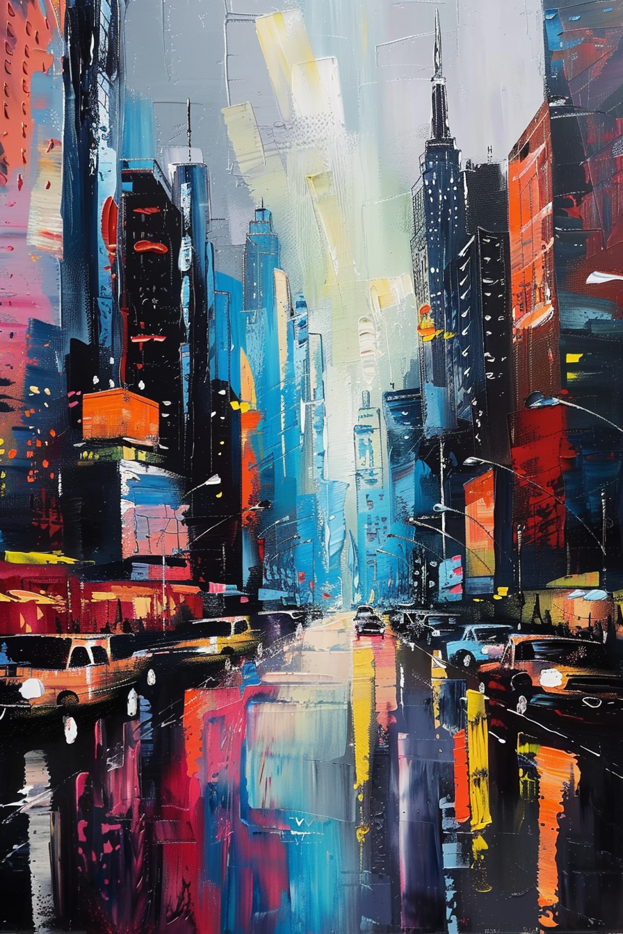 A vibrant, abstract cityscape painting with bold colors depicting a busy street with cars and towering buildings.