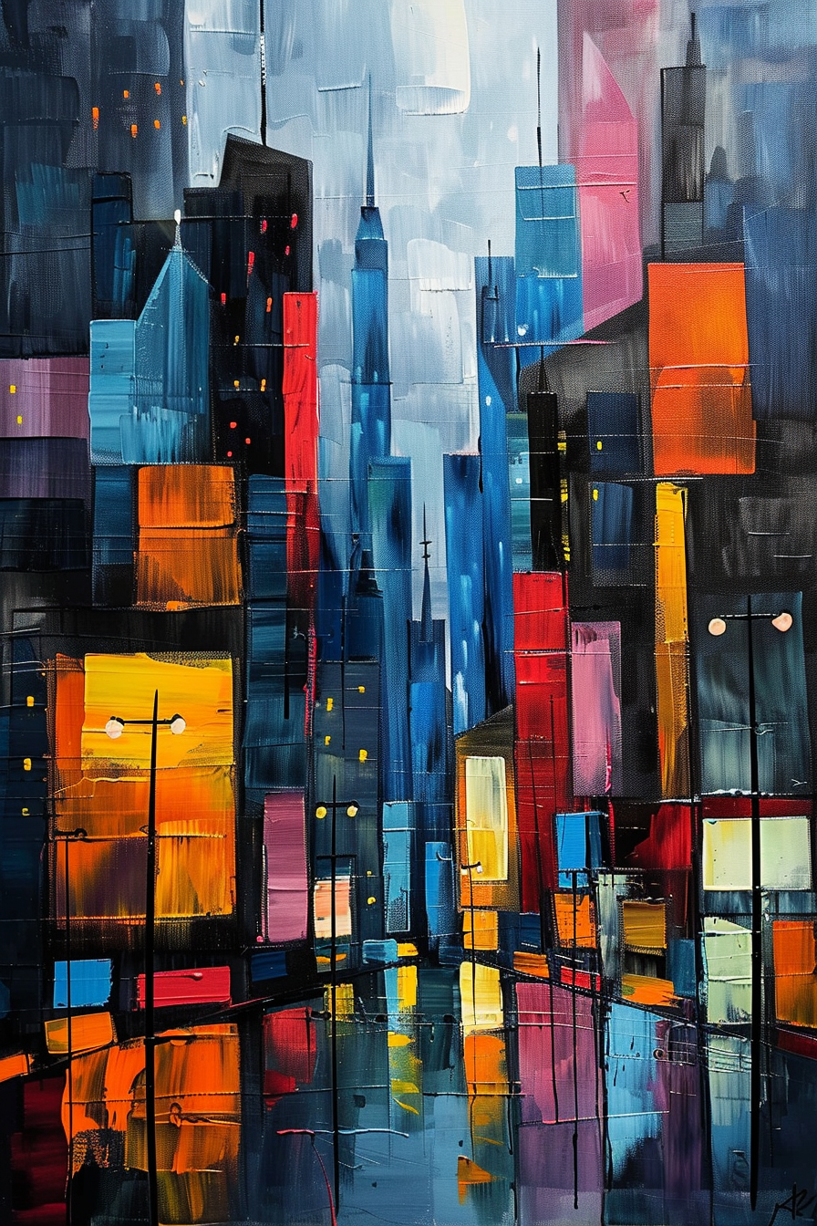 Colorful abstract cityscape painting with bright blocks of color representing buildings and their reflection on water.
