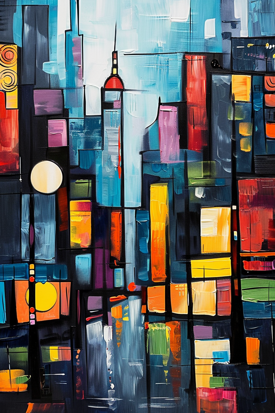 Abstract, vibrant cityscape painting with assorted rectangular shapes and bright colors suggesting buildings.
