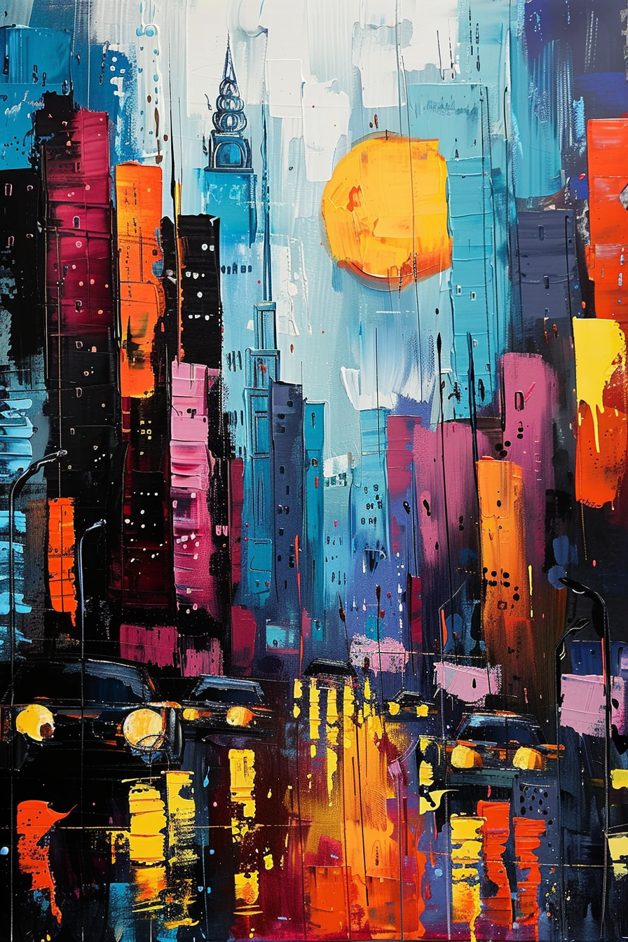 Abstract colorful painting of a vibrant cityscape with skyscrapers and bold reflections under a large orange sun.