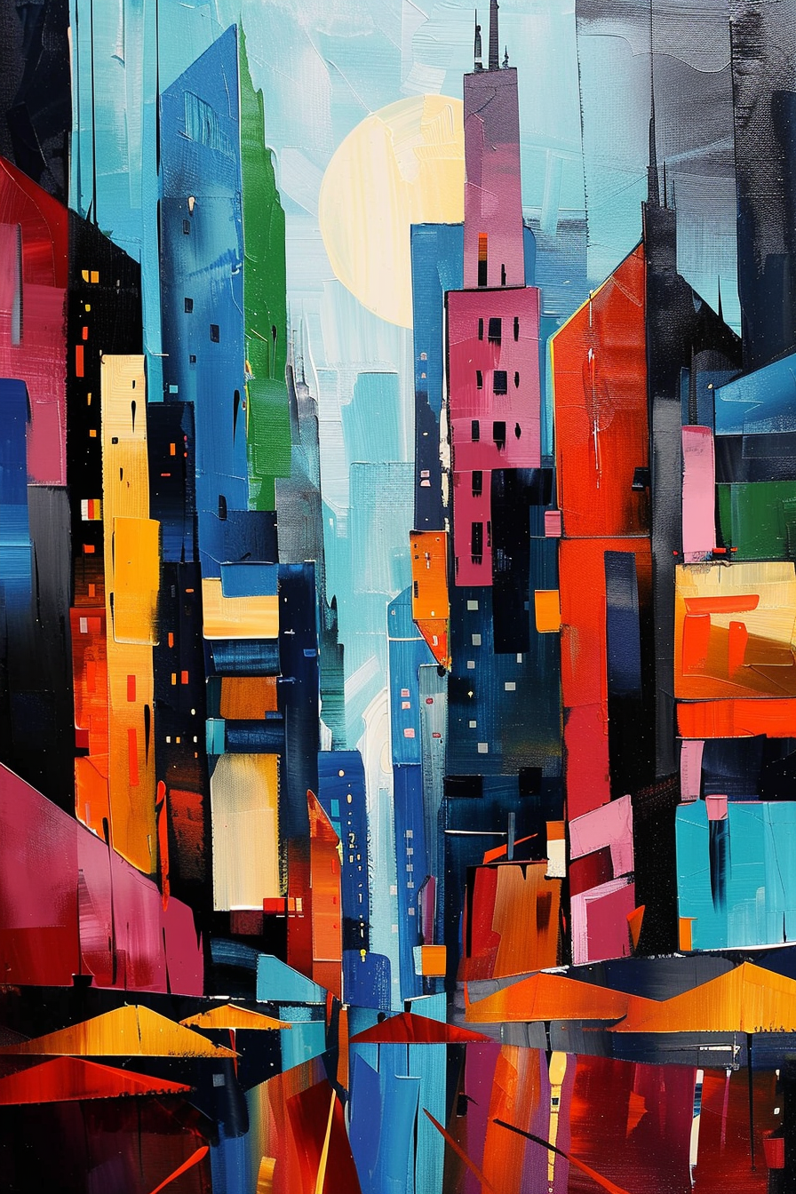Colorful abstract painting of a stylized cityscape with skyscrapers and a large sun partially hidden behind the buildings.