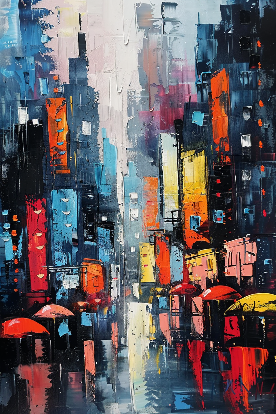 Abstract cityscape painting with vivid colors and texture, reflecting buildings and umbrellas on a wet street.