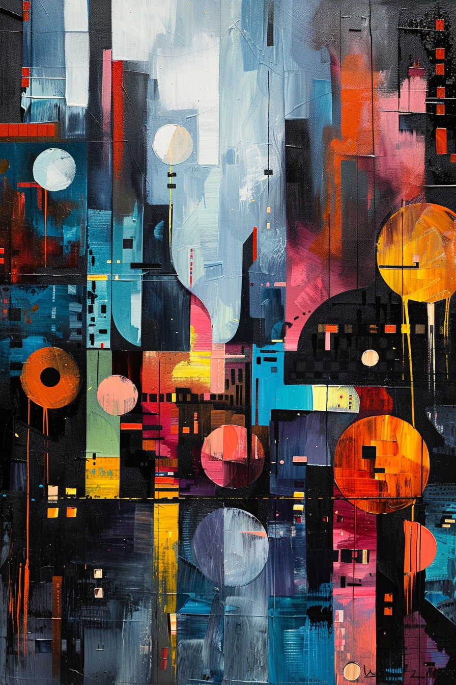 Abstract cityscape painting with vibrant colors and geometric shapes depicting a bustling urban environment.