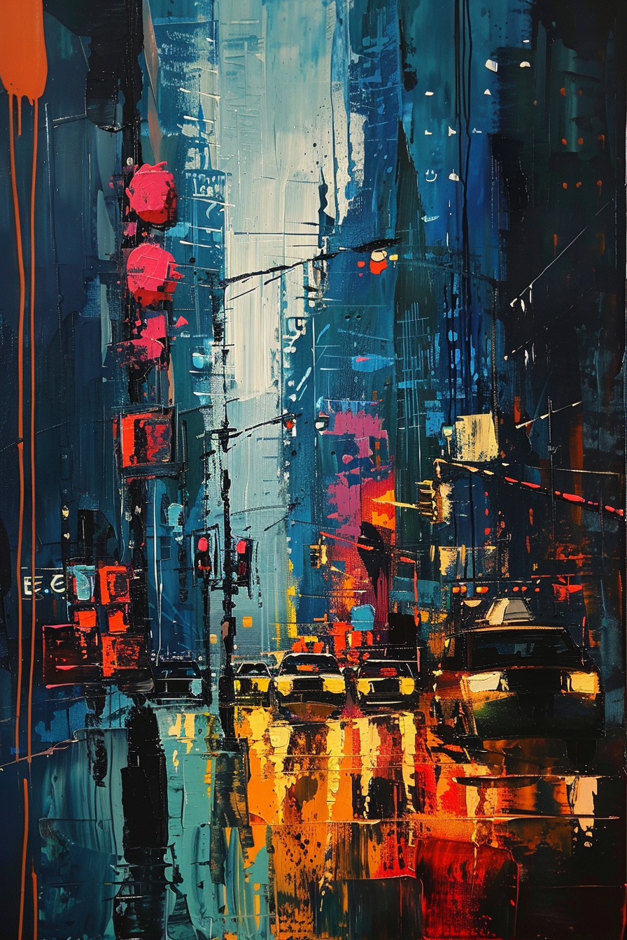 Abstract, colorful cityscape painting with vivid blue, red, and yellow tones depicting a rainy street scene at night.