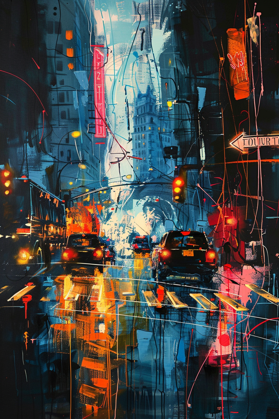 Vibrant, abstract cityscape painting with blurry vehicles, neon signs, and reflections under a night sky.