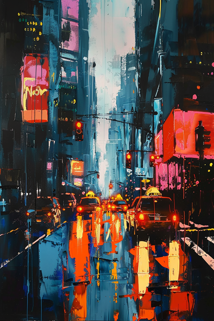 Vibrant abstract cityscape painting with bold strokes capturing the bustling energy of urban streets lined with skyscrapers and taxis.
