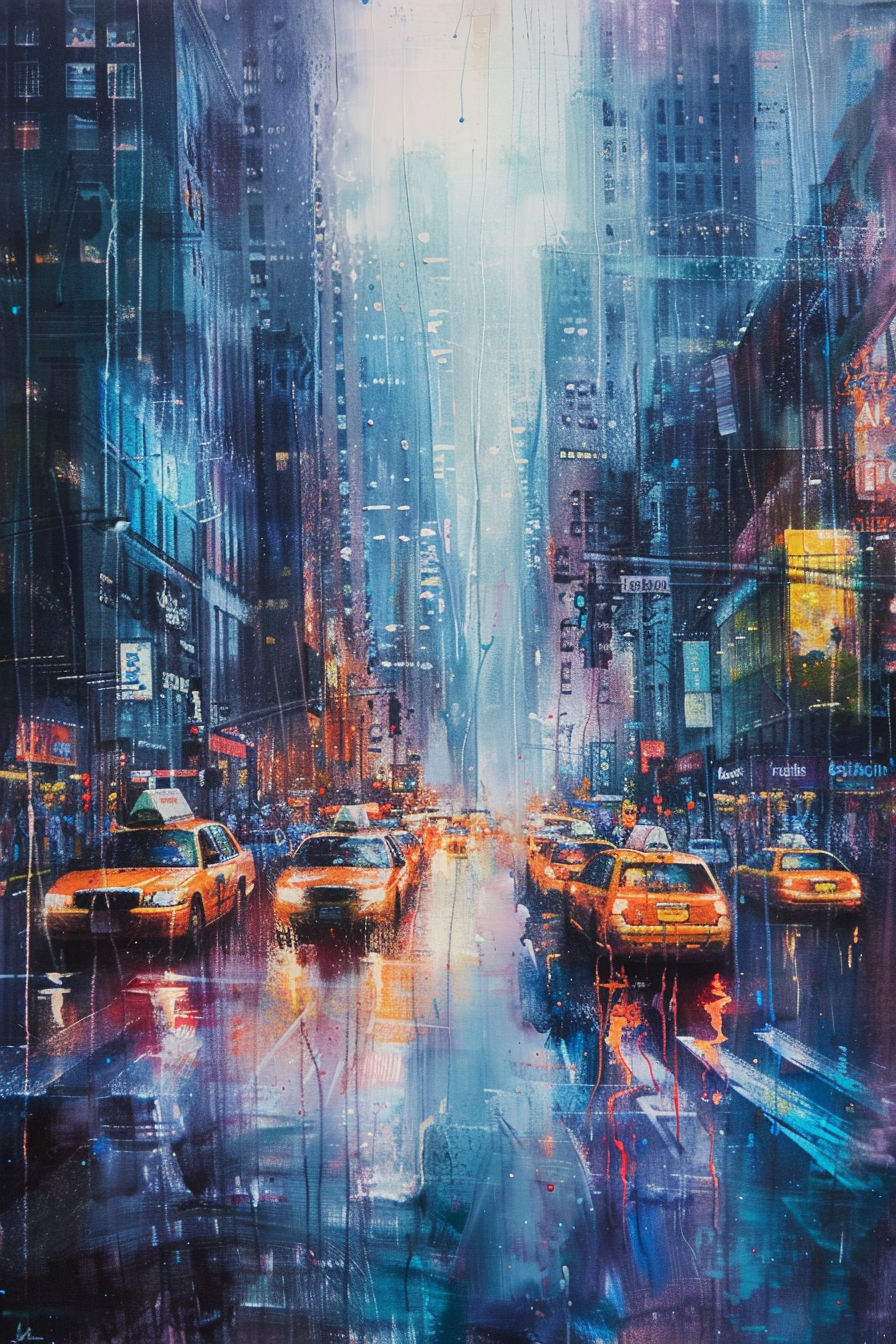 Colorful, impressionistic painting of a busy city street in the rain with yellow taxis and neon signs.