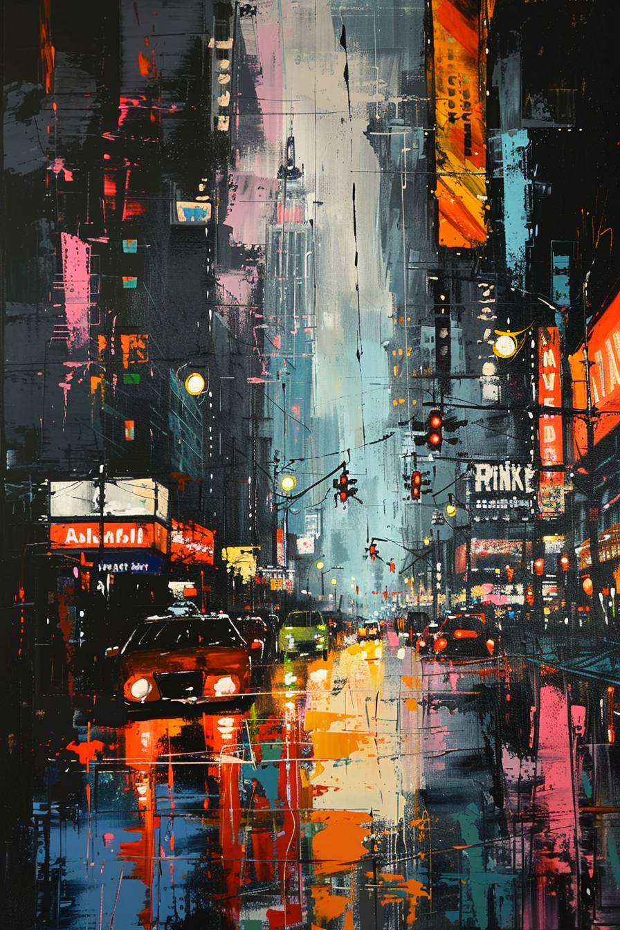 A vibrant, abstract city street painting with bright colors, cars, and illuminated signs reflected on a wet surface at night.