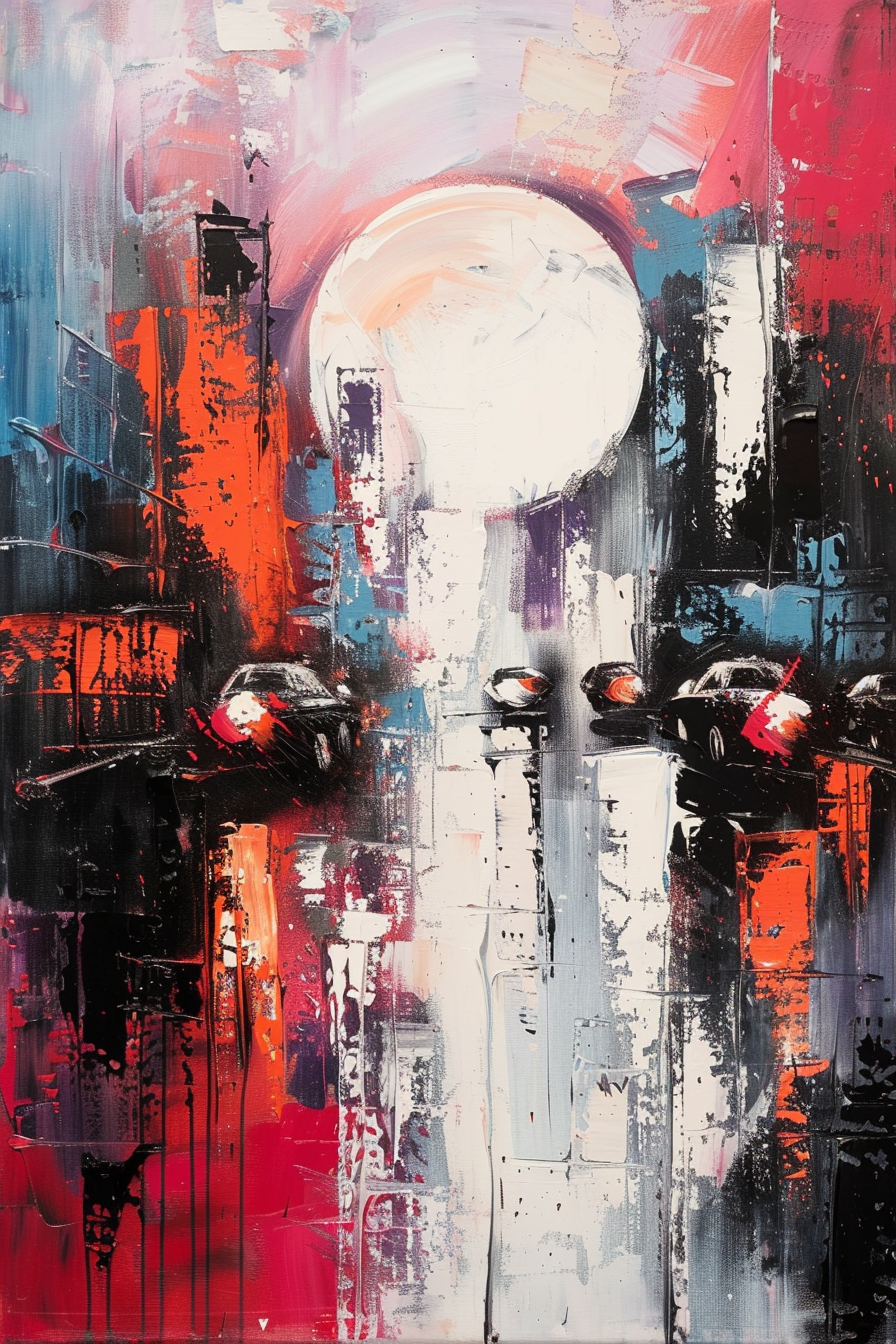 Abstract expressionist painting with vibrant colors, featuring cityscape elements and a large circular form reminiscent of the moon or sun.