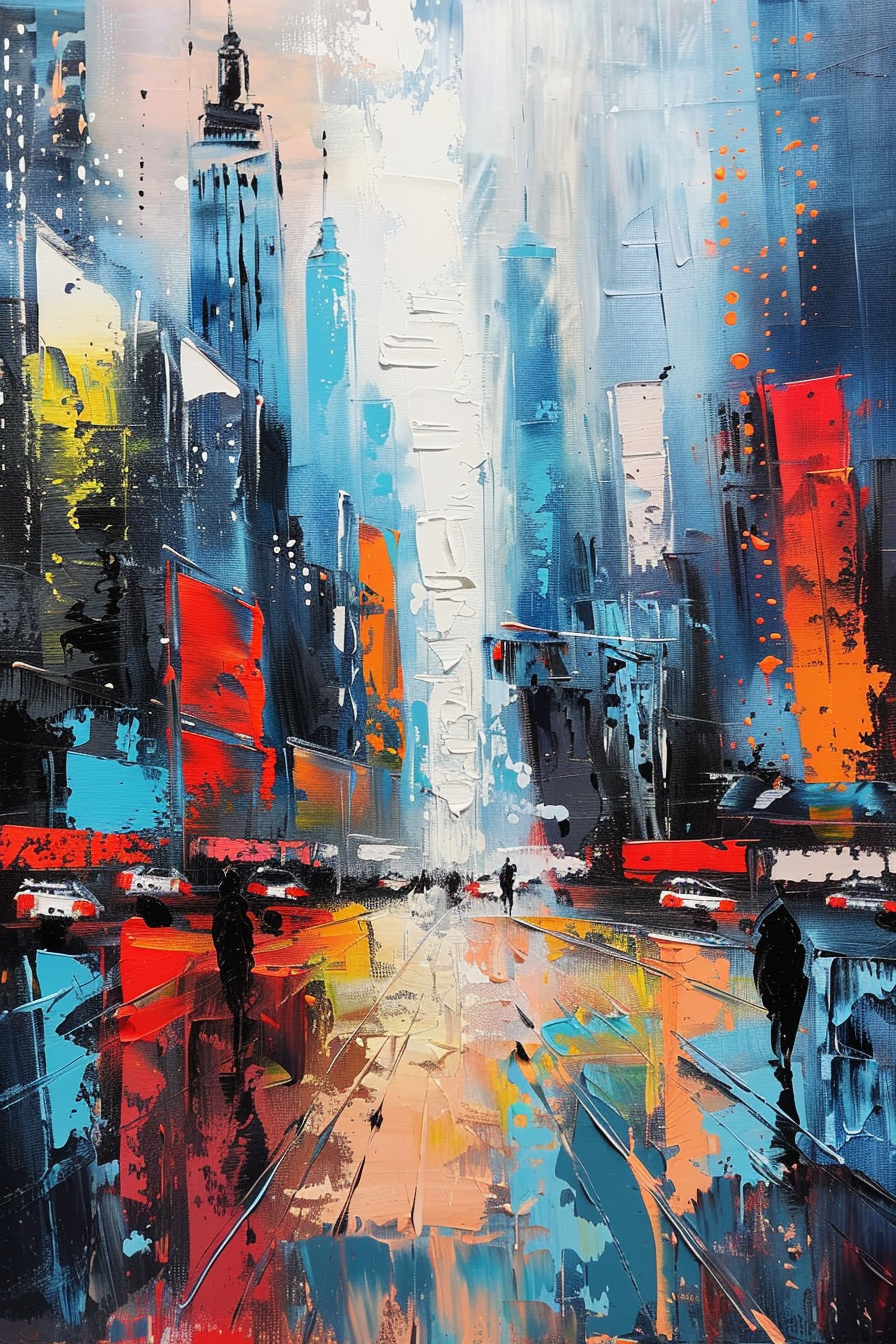 Colorful abstract painting depicting a bustling city street with silhouetted figures and vibrant reflections on wet pavement.