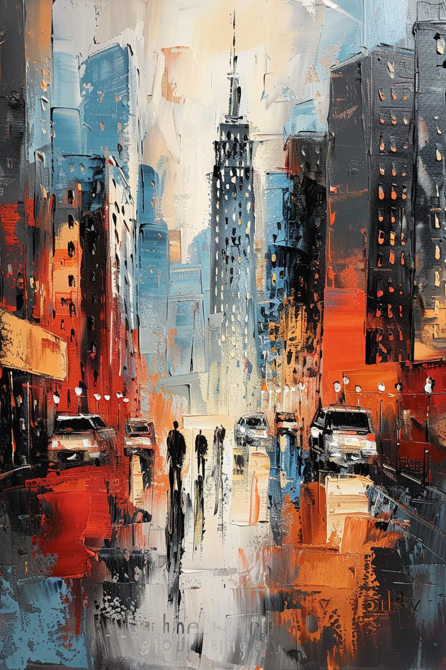 "Abstract colorful painting depicting an urban city street with silhouettes of people and cars, rendered in expressive brushstrokes."