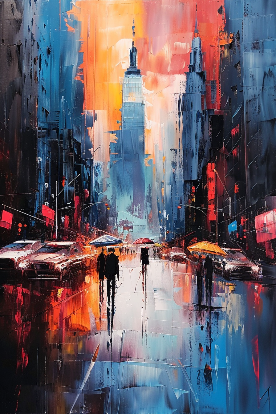 Vibrant abstract cityscape painting with pedestrians, vehicles, and skyscrapers reflecting on wet streets bathed in sunset hues.