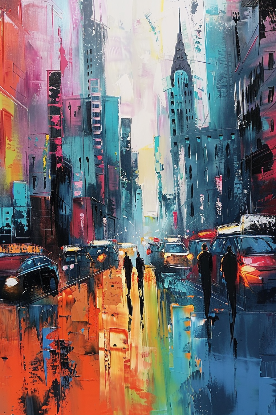 ALT: Colorful abstract cityscape painting with blurred figures walking, vibrant reflections on wet streets, and cars among skyscrapers.