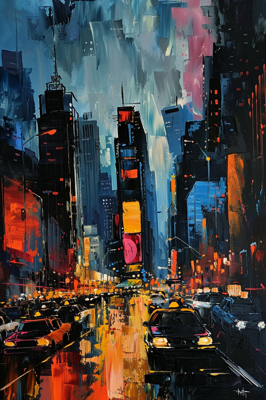 Colorful, abstract cityscape painting depicting a busy street lined with towering buildings and vibrant lights at dusk or night.