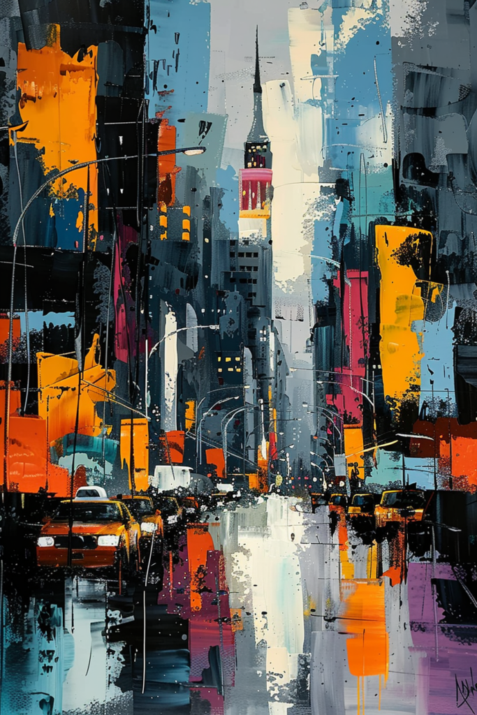 Abstract, colorful cityscape painting with stylized depiction of urban high-rises and traffic under a rain-streaked appearance.