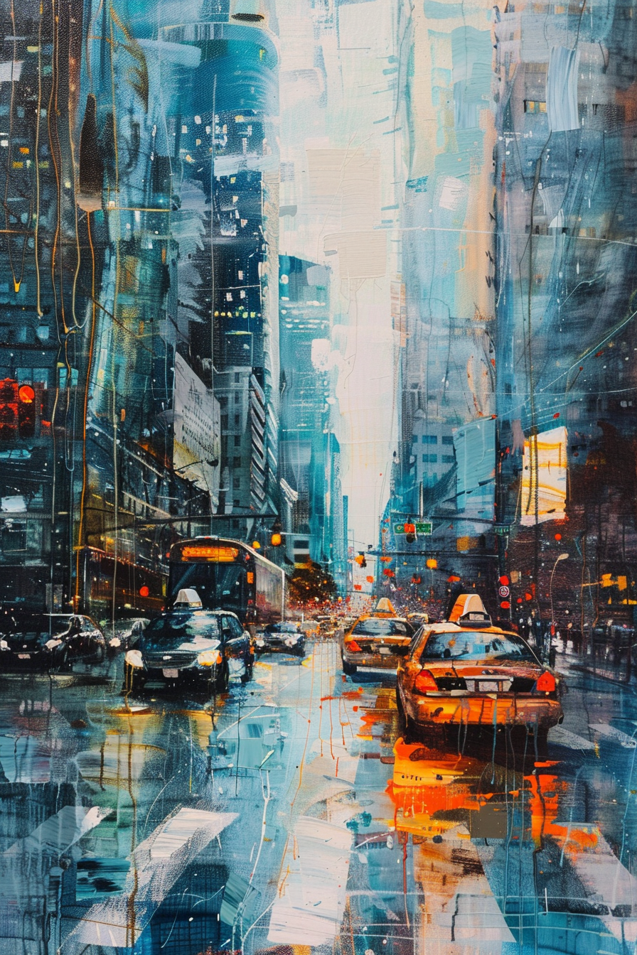 A colorful, abstract cityscape painting depicting cars on a rainy street with reflections on wet asphalt, and vibrant streaks of light.